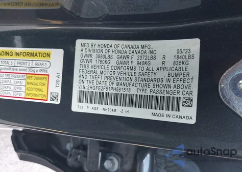 2023 Honda Civic Sport из США, поврежденный, VIN 2HGFE2F51PH561518